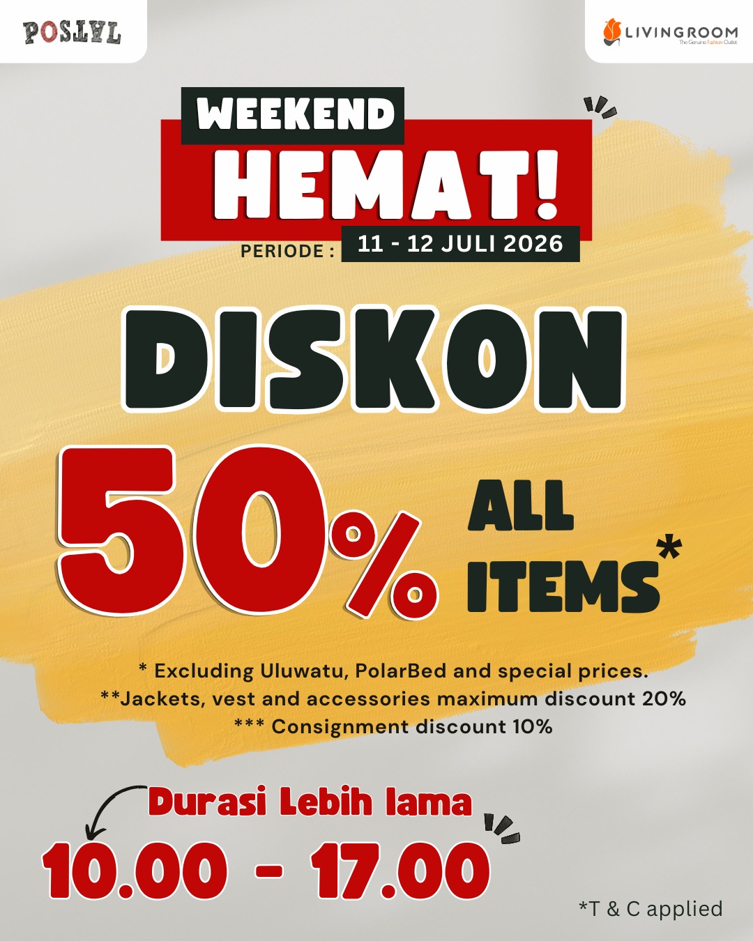 Tau gak 11+12 itu berapa ❓
Yap.. betul 50, 𝟓𝟎% 𝐃𝐈𝐒𝐊𝐎𝐍 𝐀𝐋𝐋 𝐈𝐓𝐄𝐌𝐒 𝐓𝐀𝐍𝐆𝐆𝐀𝐋 𝟏𝟏 & 𝟏𝟐 𝐖𝐄𝐄𝐊𝐄𝐍𝐃 𝐈𝐍𝐈! 🤑🔥
Periode promonya 2 Hari, 📅 𝐒𝐚𝐛𝐭𝐮 𝐝𝐚𝐧 𝐌𝐢𝐧𝐠𝐠𝐮 ini mulai dari jam ⏰ 𝟏𝟎.𝟎𝟎 - 𝟏𝟕.𝟎𝟎.
Jadi udah ya, ga ada alasan lagi buat kamu gak datang kesini.
kita tunggu loh, jangan sampe engga. 🤭
*S&K Berlaku:
Tidak berlaku untuk Uluwatu, Polarbed & harga spesial.
Jaket, vest, aksesori maks. diskon 20%.
Barang konsinyasi diskon 10%.