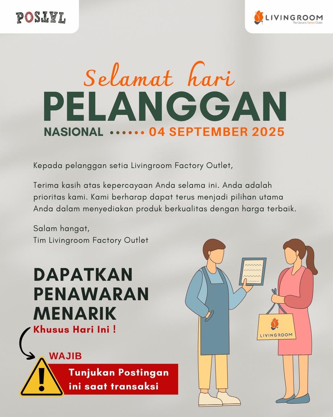 Selamat Hari Pelanggan Nasional, Khusus hari ini dapatkan penawaran menarik dengan menunjukan postingan ini. 😊

#promo #outlet #bogor